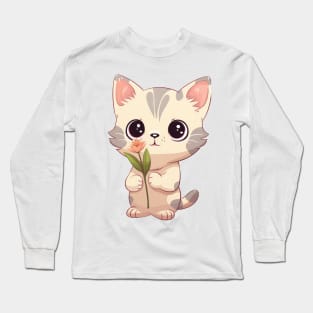 Cute Kitten with Flower Illustration Long Sleeve T-Shirt